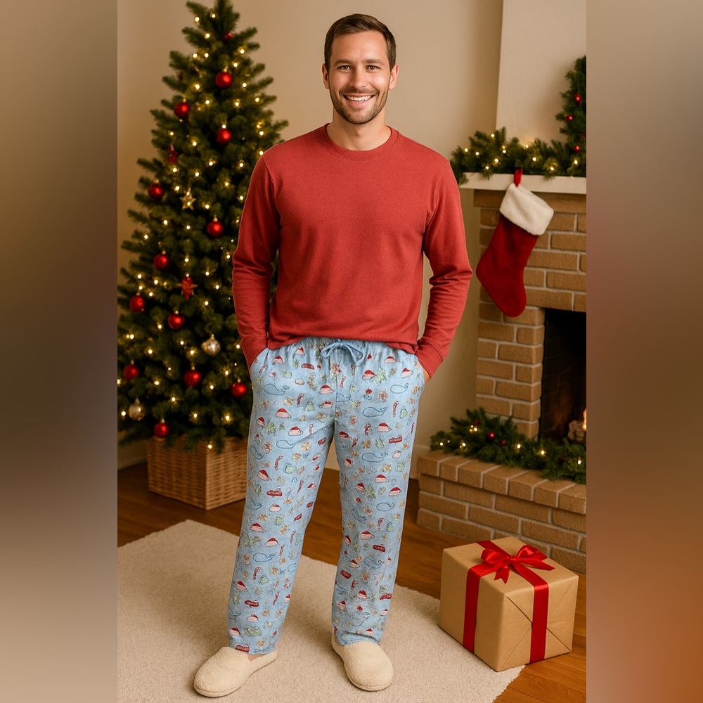 Vineyard Vines Men’s Holiday Santa Whale Pajama Pants | Light Blue Size Medium